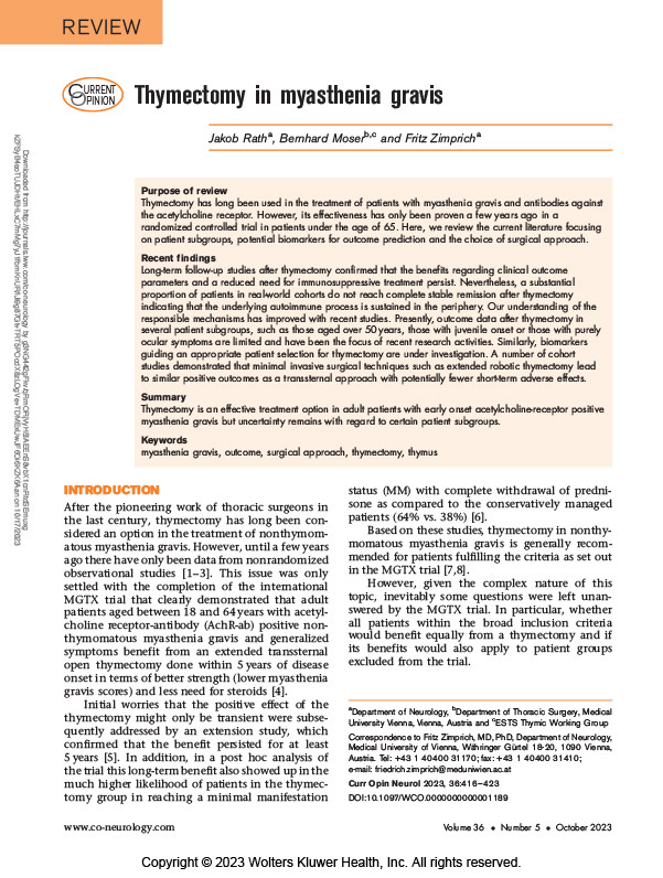 Thymectomy in myasthenia gravis FocusOn Neurology